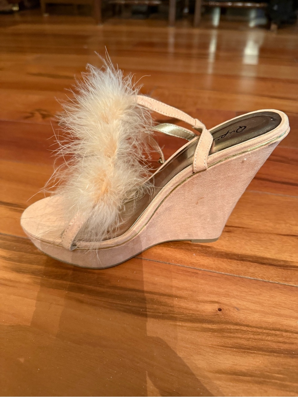 Qupid Peach Feather Trim Wedges